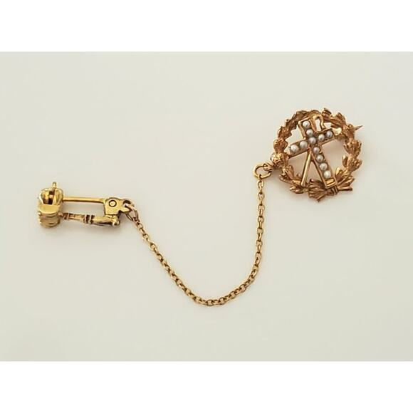 14K Gold Vintage Masonic Tie Tack Free Mason Cross Cane Gavel Brooch with Pearl